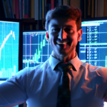 A successful Forex trader celebrating consistent profitability, surrounded by trading charts, books, and a computer, symbolizing the combination of knowledge, discipline, and persistence